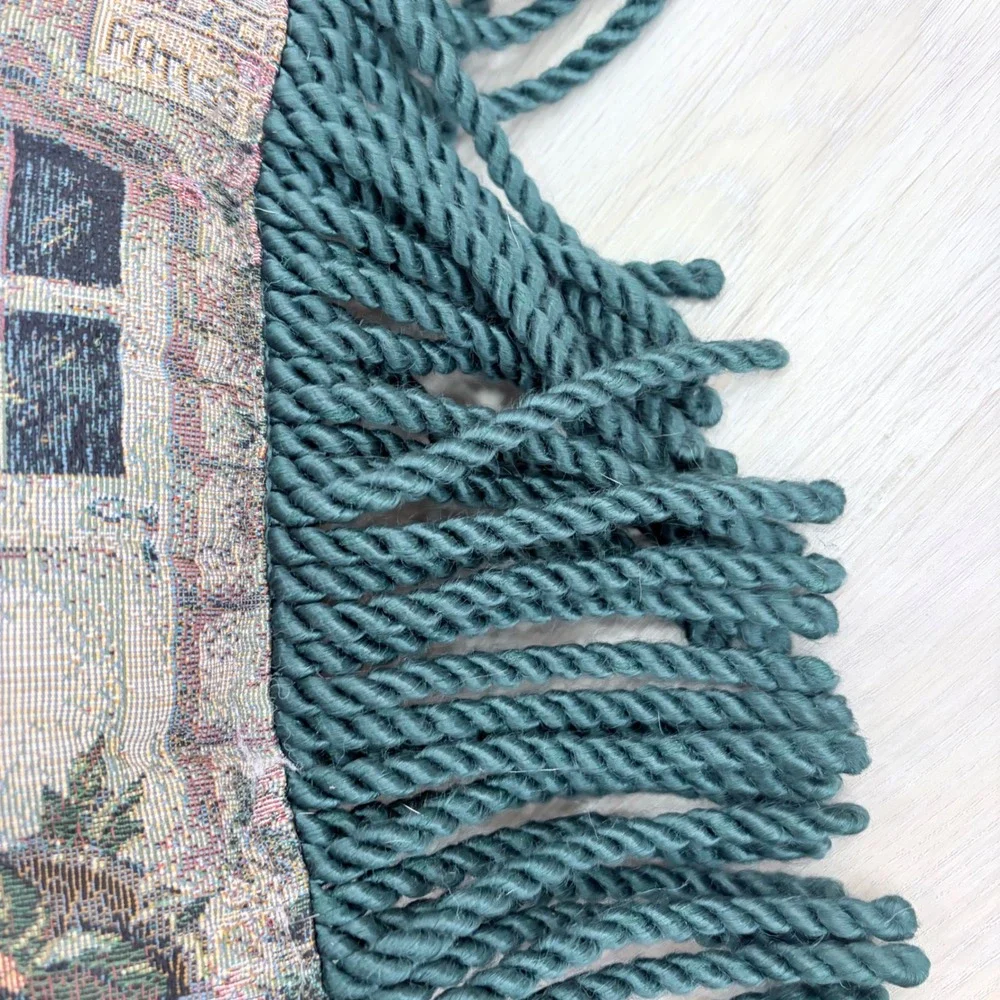 Vintage Woven Tapestry Lumbar Pillow European Cafe Scene Green Fringe 22x12